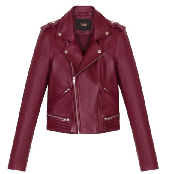 Maje Lamb Leather Bordeaux Basilta Moto Jacket NWOT in Burgundy - Picture 3 of 15
